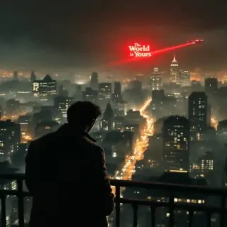 A realistic scene of a nighttime city from a balcony perspective, featuring a young gangster with a cigar, his face obscured in shadow, gazing down at the sprawling urban landscape filled with shimmering lights. The expression is contemplative and melancholic, reflecting a sense of lost dreams. The weather is foggy and dreary, adding to the somber atmosphere. In the background, the iconic phrase 'The World is Yours' is illuminated in the sky, trailing behind an airplane, reminiscent of its appearance in 'Scarface'. The fog wraps around the buildings, creating an almost ethereal effect, while the distant sounds of the city blend into a melancholic symphony, enhancing the mood of solitude and reflection