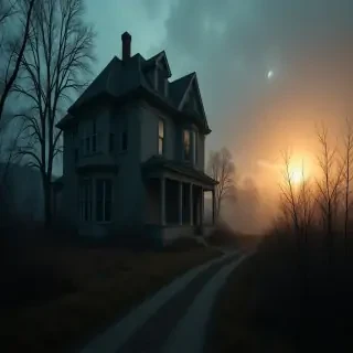 old abandoned house at dawn, lights off, partially overgrown, postapocalyptic