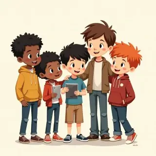 codename iPad kids, with 6 kids, 2 black boys with black hair, an asain boy with black hair, a white boy with brown hair and a white boy with red hair, and Indian boy with black hair. .