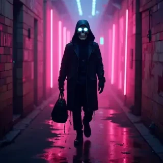 skull walking in cyber punk inviroment dark neon