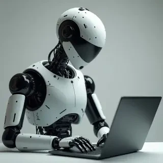 a robot working on a laptop