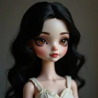 blithe doll with thin arched eyebrows,darkbrown eyes,pale skin,wavy layered black hair,full downturned lips,pronounced cupid bow,long winged eyeliner,long
