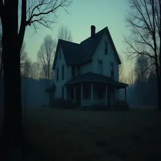 abandoned house at dawn, no lights, partially overgrown, postapocalyptic