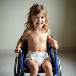 Tween girl in her wheelchair wearing diapers
