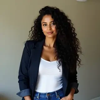 Picture a stunning woman with a warm, slightly brown skin tone,Her long, black, curly hair cascades down her shoulders in voluminous waves and some strands fall over her face, framing her face,She has a slim face with soft features, yet her figure is that of a mature adult, defined by an hourglass slim figure. Just under her mouth, a delicate mole adds a unique charm to her look, Her jawline is well defined, lending a sense of elegance and structure to her face. There is a hint of Indian heritage in her appearance.,She wears a casual white shirt with a dark blue jacket on top and blue pants, her jacket is halfway closed. Off shoulder top showing one of her shoulders, her sleeves are rolled up showing her delicate wrist
