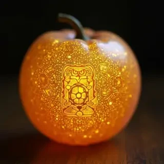 The fruit resembles a perfect sphere, radiating a divine glow that changes colors from gold to iridescent hues. The surface is etched with intricate, shifting symbols from various mythologies, representing its boundless potential. It pulses with a soft, heartbeat-like rhythm, as if alive.