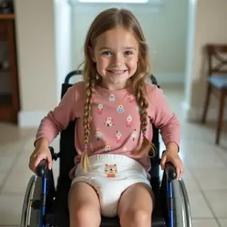 Tween girl in her wheelchair wearing a poopy diapers