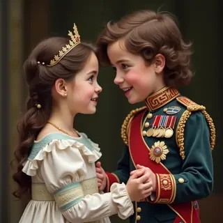 prince george holding a girls hand with royal outfits on and with blue eyes and brown hair with freckels