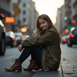 A giantess turkish girl 13 years old sitting on the city