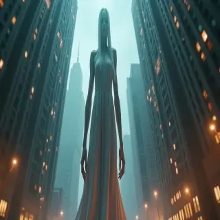 Naked giantess taller than skyscraper