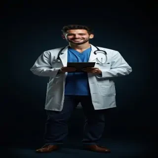 a doctor in black background holding a writing pad
