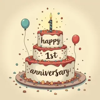 buatlah gambar birthday card dengan animasi serigala dalam gambar berasa “happy 1st anniversary”