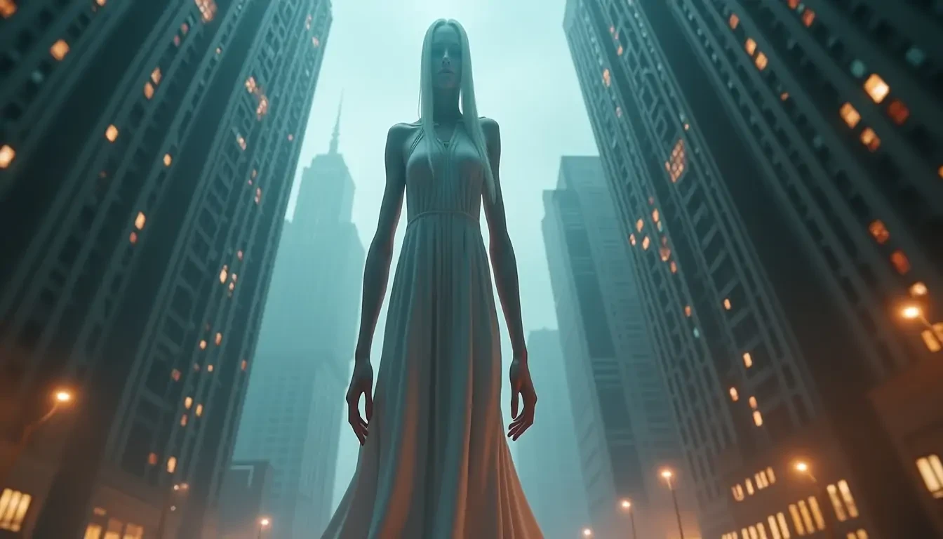 Naked giantess taller than skyscraper