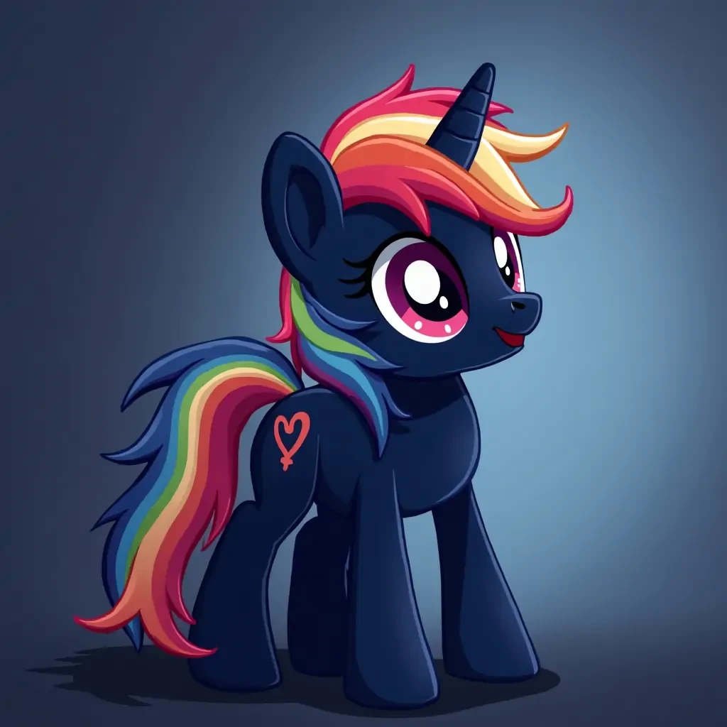 Mlp stallion based on twilight and rainbow dash. Tornado, darker color palette, hair covers eyes, dark blue with rainbow highlights