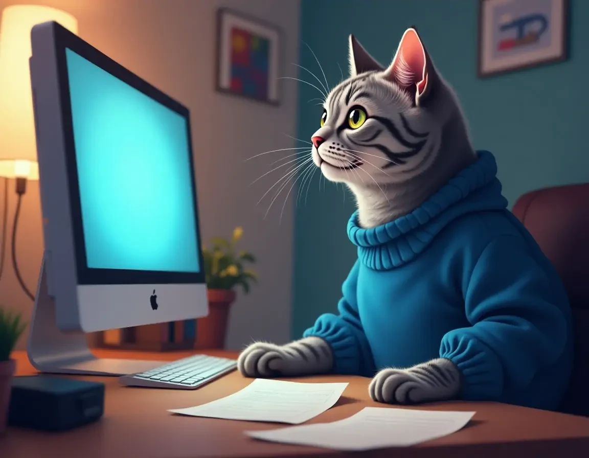 surprised gray cat in blue sweater at computer desk, monitor on desk with screen to viewer, paper around, office