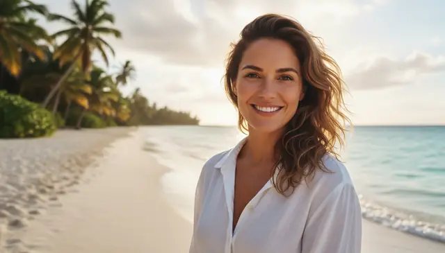 AI background changer replacing portrait background with tropical beach scene