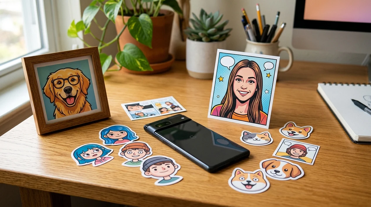 Cartoon avatar stickers and pet portrait outputs on a creative desk