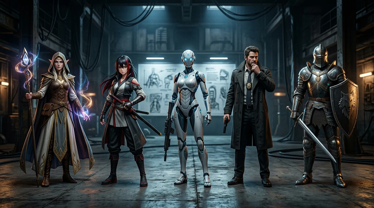 ai character generator full-body fantasy anime sci-fi character lineup