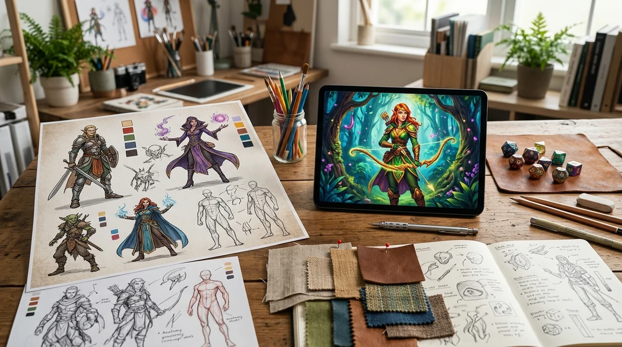 original character concept art sheet on a creator desk