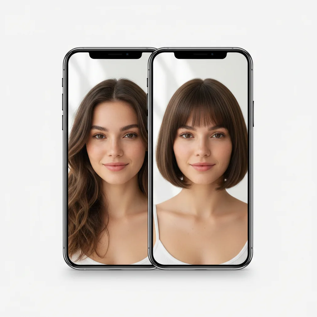 Before and after showing a virtual hairstyle try-on with bangs using the Pict.AI mobile app