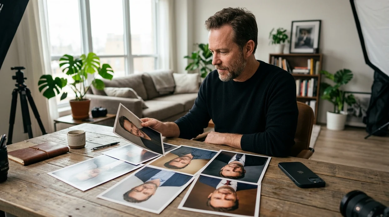 Actor comparing professional headshot options for casting submissions