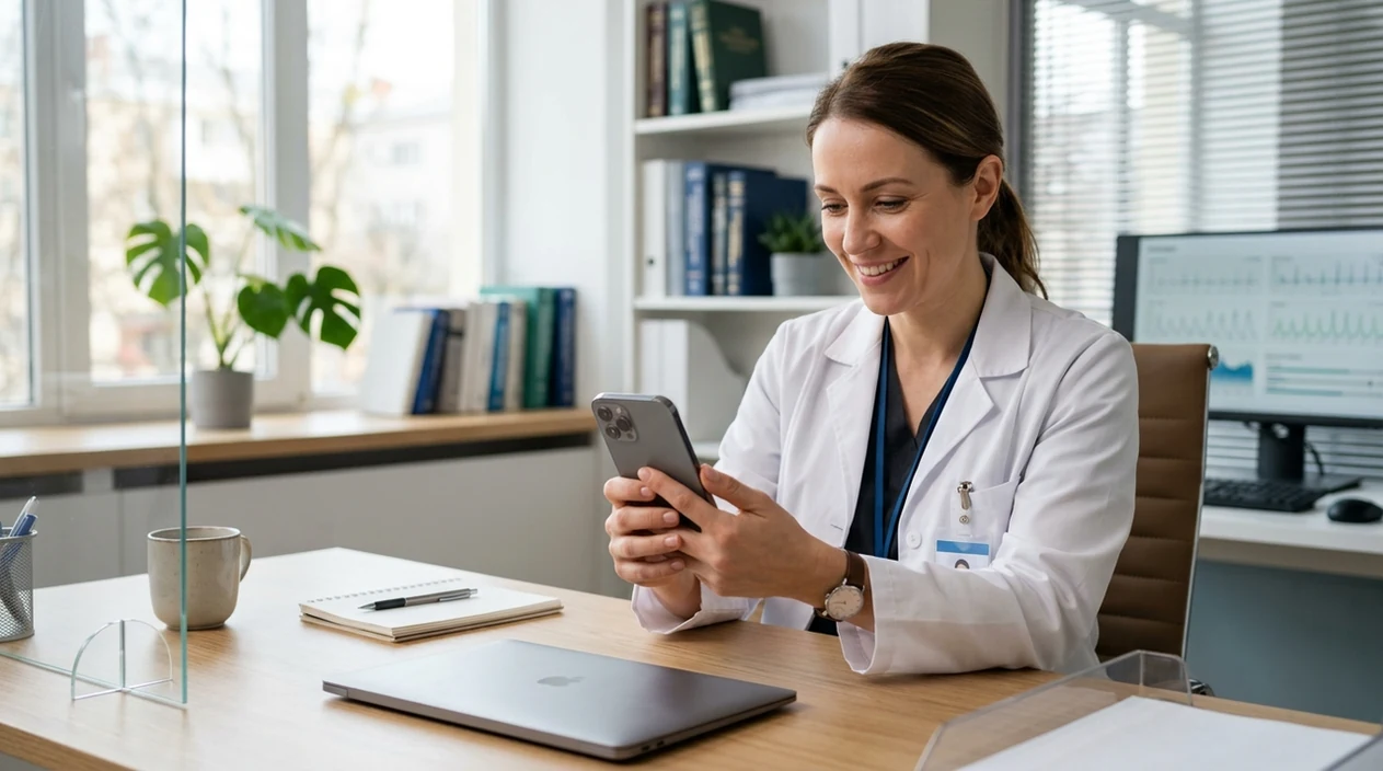 Doctor reviewing a professional headshot result on an iPhone