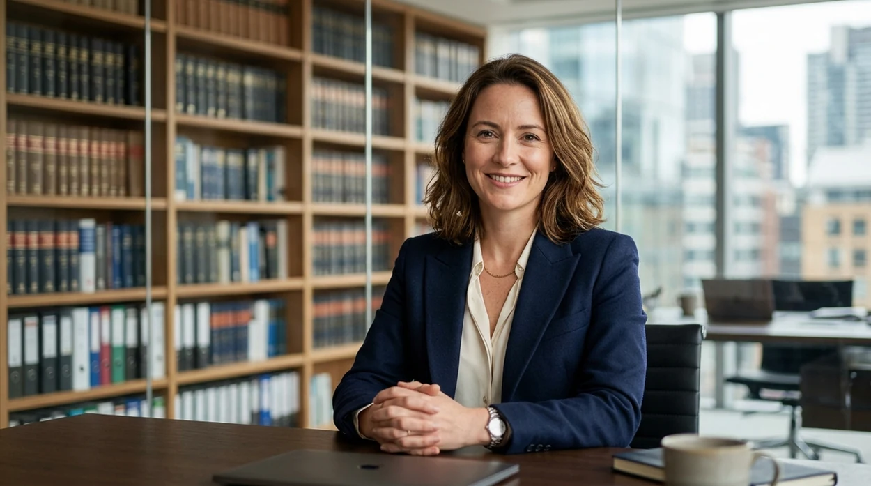 realistic attorney profile headshot in a modern legal office