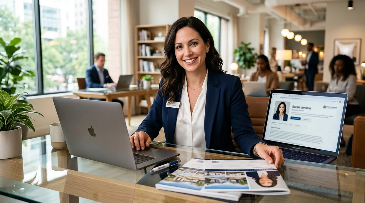 Realtor headshot displayed in modern office marketing context