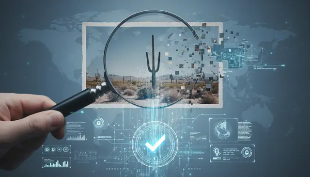 AI image checker verification process analyzing photograph for artificial intelligence indicators