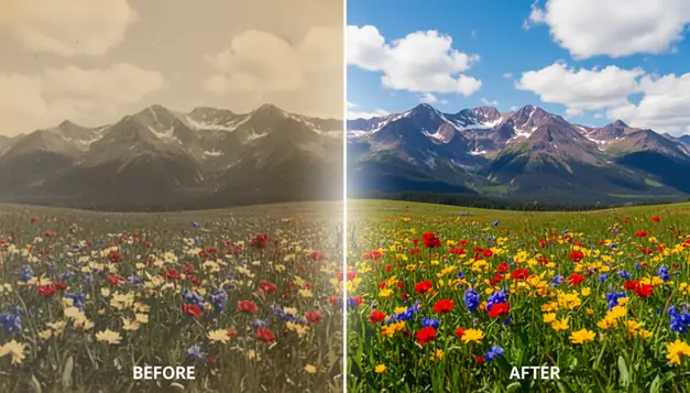 AI image editor applying color correction and enhancement to a landscape photo