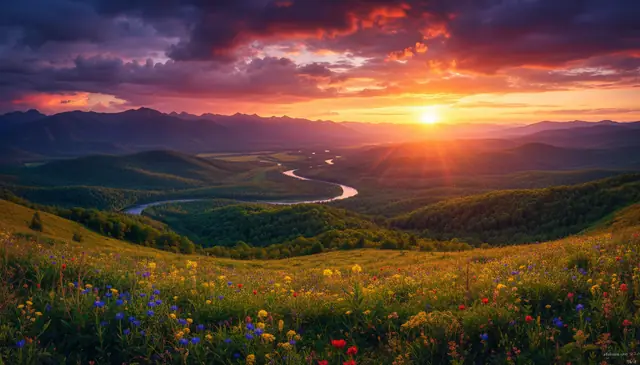 AI image enhancer improving color vibrancy and lighting in a landscape photograph