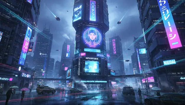AI image generator creating futuristic cityscape at night with neon lights
