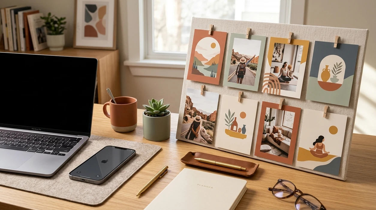 Generated blog visuals arranged on a modern content marketing desk