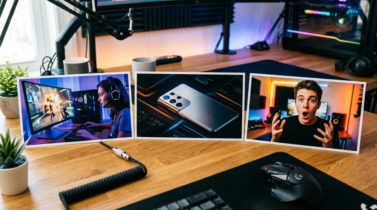 Generated YouTube thumbnail concepts for gaming, tech, and reaction videos