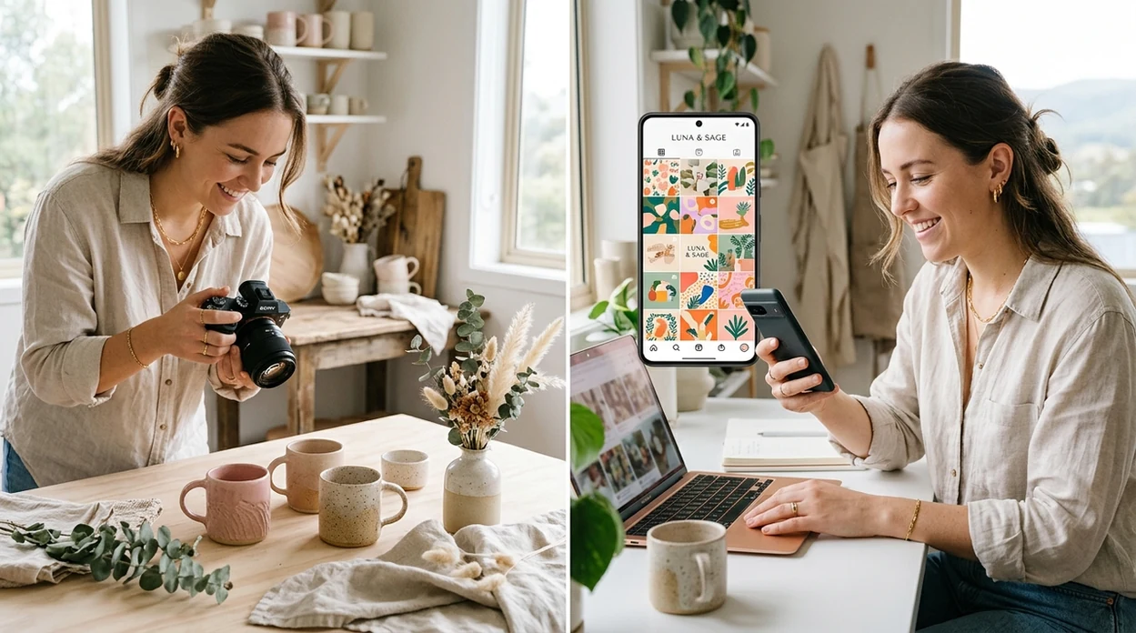 Small business creator preparing social product photos and profile visuals