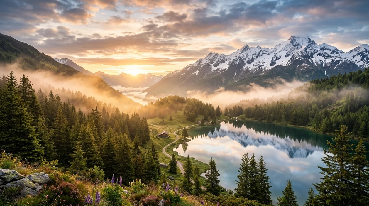 ai landscape generator output showing a sunrise alpine valley wallpaper