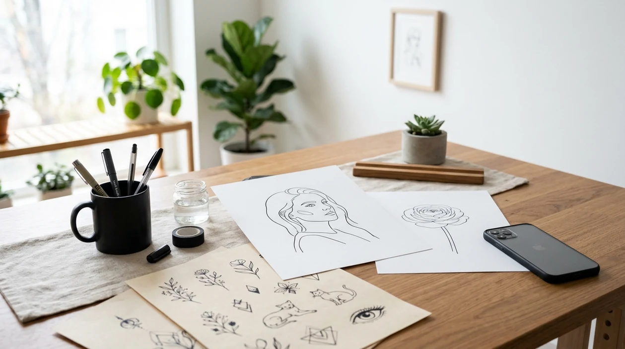 ai line art generator results with portrait, flower, and tattoo outlines