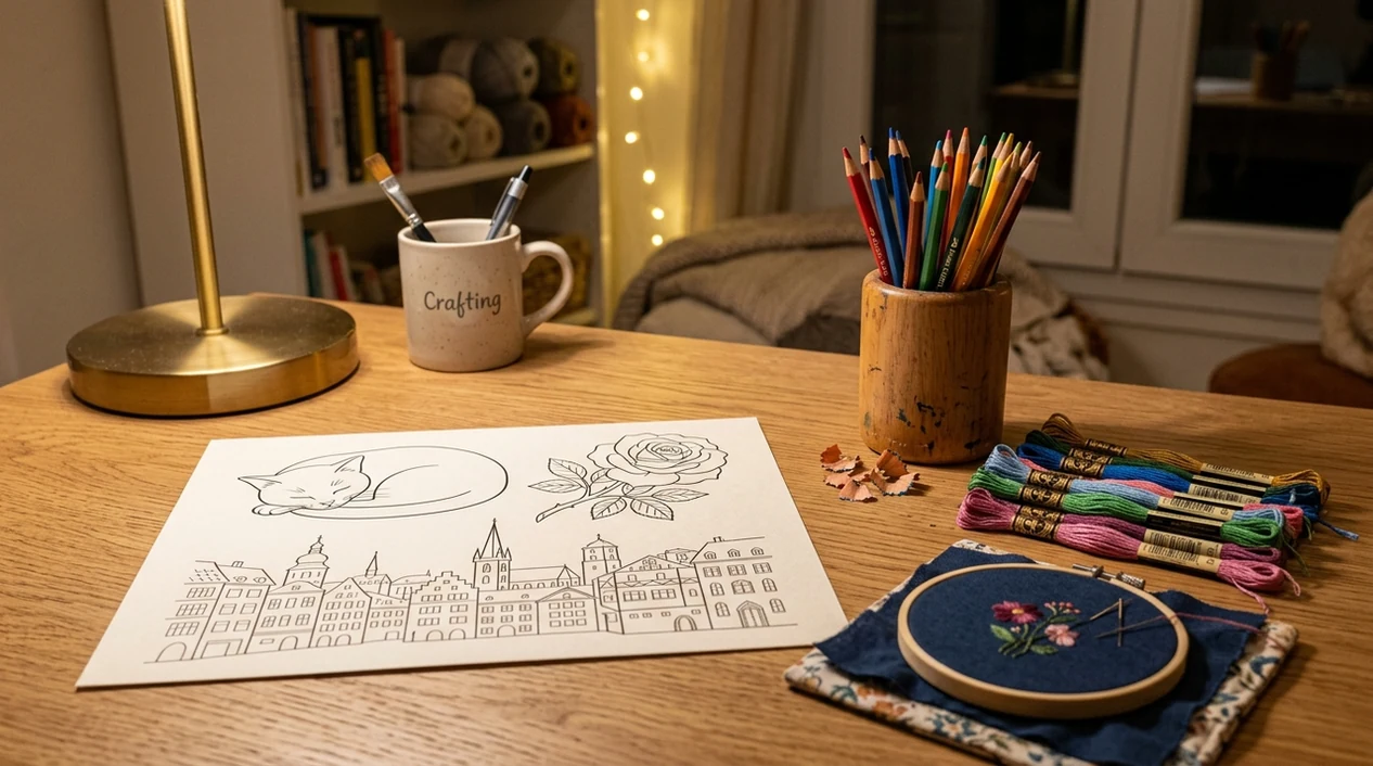 line art coloring pages on a craft table with pencils
