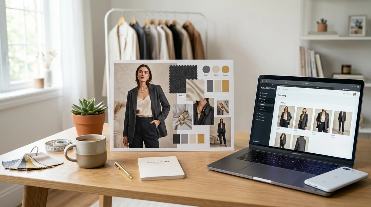 Boutique seller previewing generated outfit photo for ecommerce listing
