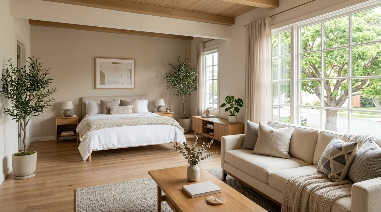 ai photo editor for airbnb showing bright polished rental bedroom