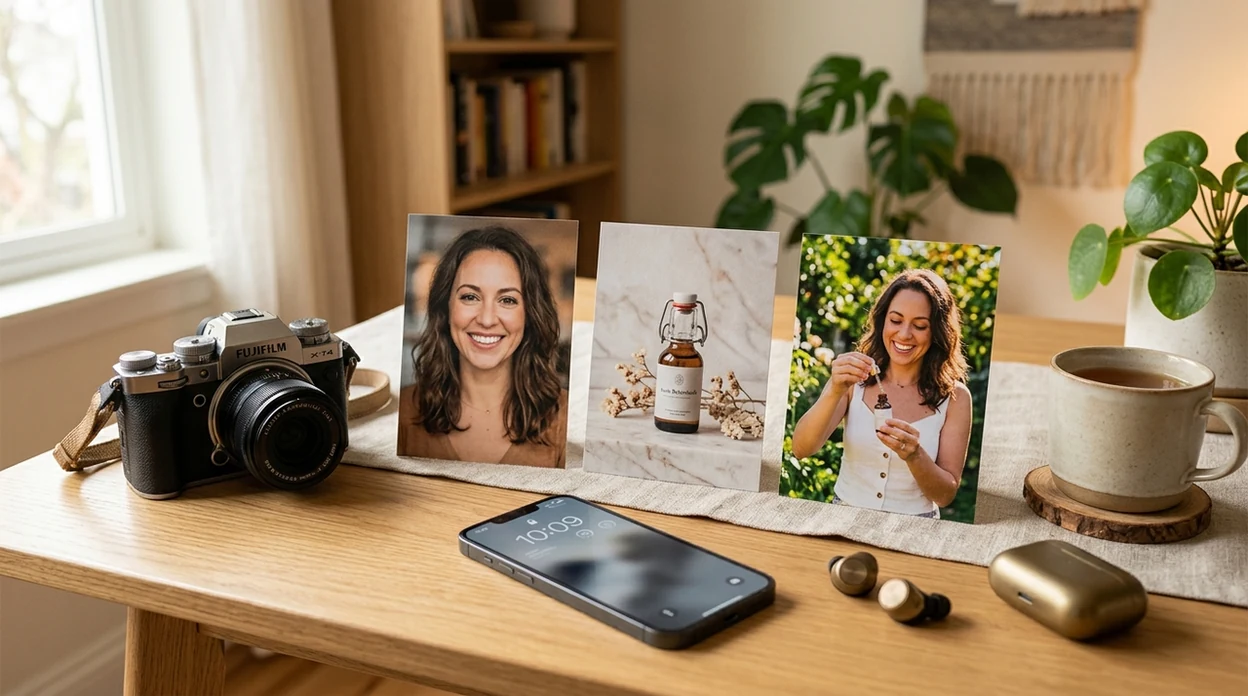 creator workspace with finished headshot product photo and campaign assets
