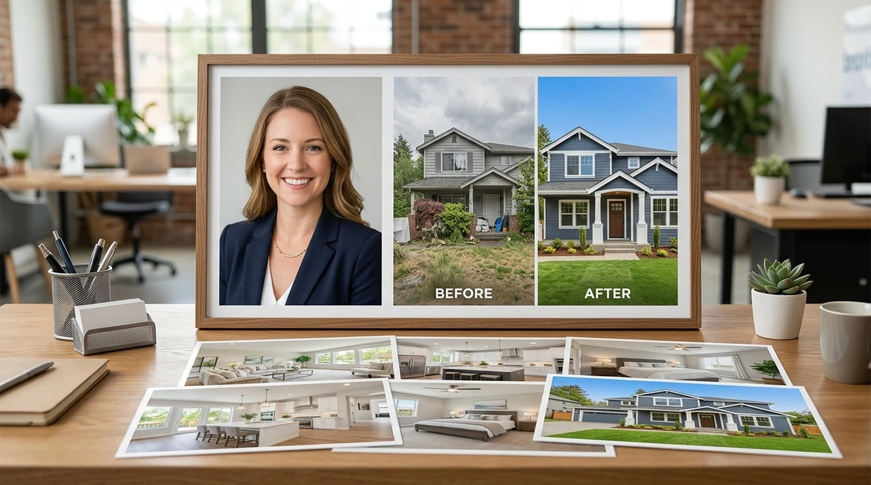 Polished realtor portrait and edited property photos for listing marketing