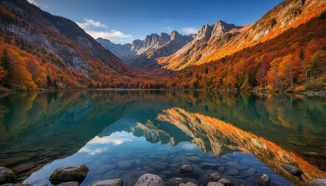 AI photo enhancement applied to mountain lake landscape with vivid autumn colors