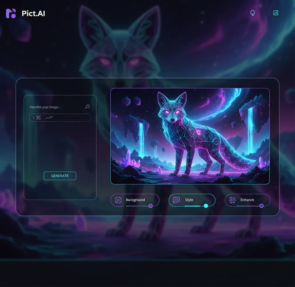 Example of generating an image from a text prompt and then editing it with background removal and touch-ups in Pict.AI