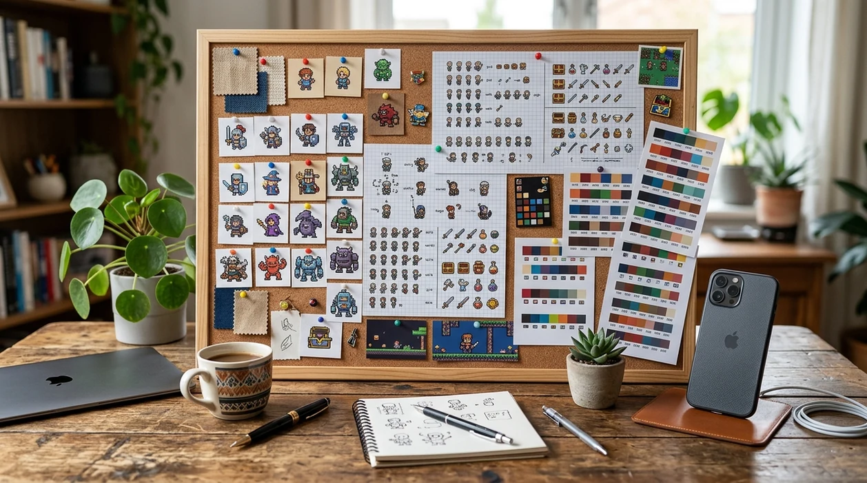 retro pixel avatars and sprite concepts arranged on a creator desk