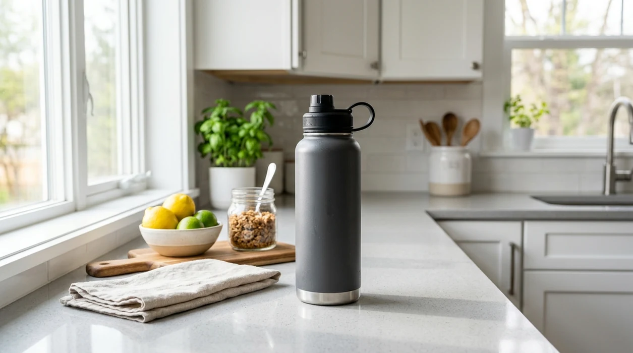 Lifestyle Amazon product photo with realistic counter scene and soft shadows