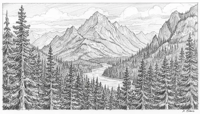 AI sketch converter turning landscape photo into pencil drawing with crosshatch shading