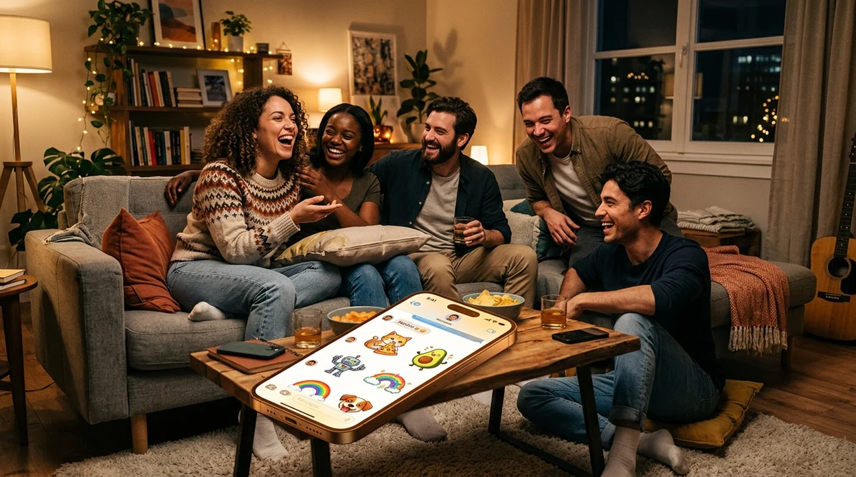 friends sharing custom chat sticker reactions on an iPhone