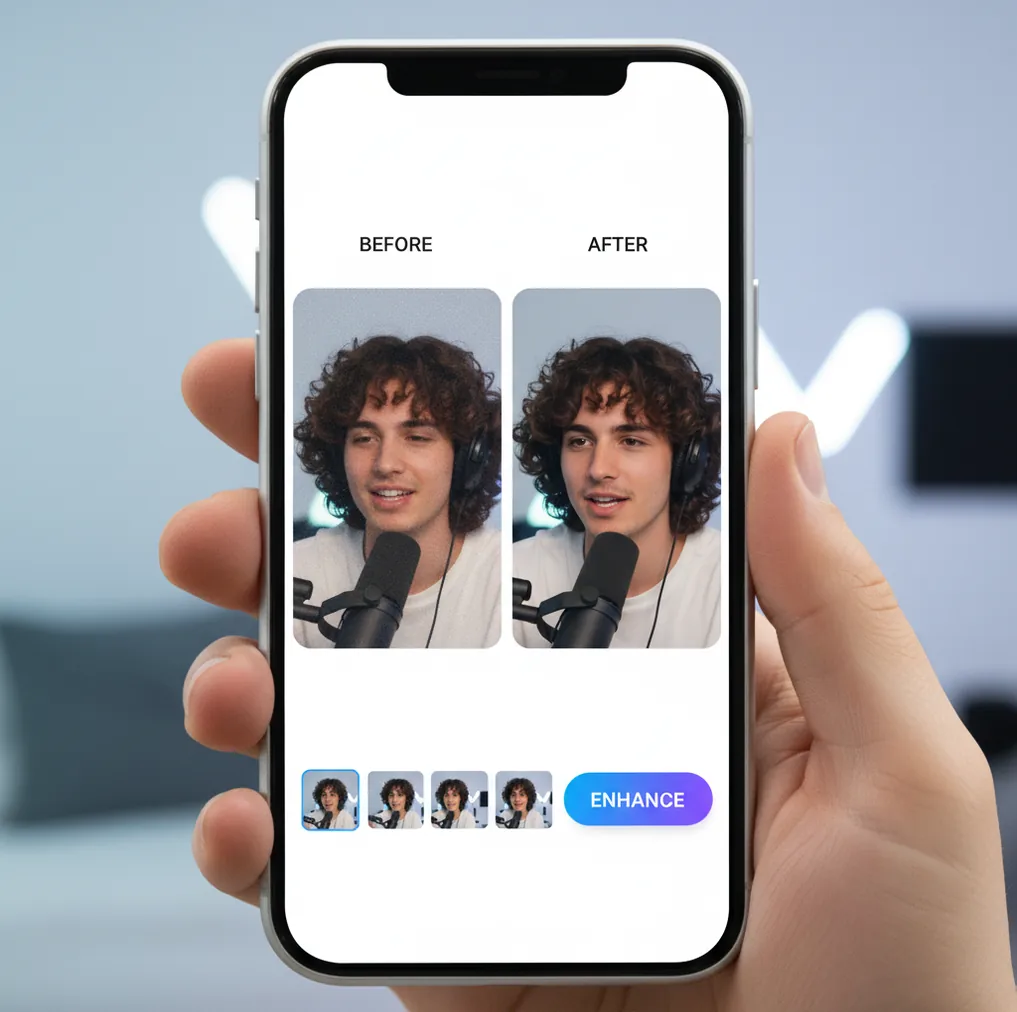 Before and after: a noisy, slightly blurry video frame enhanced to look cleaner and sharper for social posting