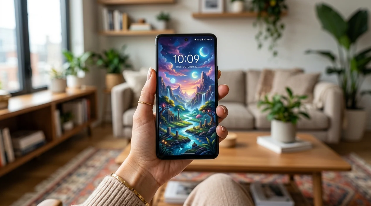 Android phone displaying custom AI fantasy landscape wallpaper